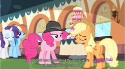 Size: 642x351 | Tagged: safe, screencap, applejack, pinkie pie, earth pony, pony, mmmystery on the friendship express, hub logo, youtube caption