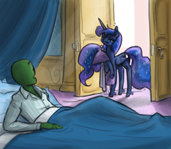 Size: 1100x960 | Tagged: safe, artist:king-kakapo, princess luna, oc, oc:anon, alicorn, human, pony, bed, blanket, clothes, female, looking at each other, male, mare, pillow, sleepy