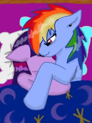 Size: 480x640 | Tagged: safe, artist:zeroexe119, rainbow dash, twilight sparkle, pegasus, pony, bed, cuddling, earring, female, lesbian, shipping, sleeping, twidash