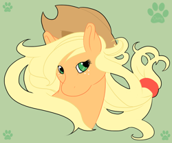 Size: 788x660 | Tagged: safe, artist:rottingroot, applejack, earth pony, pony, applejack's hat, blonde mane, bust, female, green eyes, mare, orange coat, solo