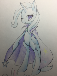 Size: 1536x2048 | Tagged: safe, artist:hashioaryut, derpibooru import, trixie, pony, bipedal, smiling, solo, traditional art, wand, wink