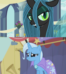 Size: 1280x1436 | Tagged: safe, derpibooru import, edit, screencap, queen chrysalis, trixie, changeling, changeling queen, a canterlot wedding, boast busters, female, forced meme, lesbian, meme, shipping, shipping domino, trixalis