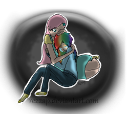 Size: 900x801 | Tagged: dead source, safe, artist:rezzap, fluttershy, rainbow dash, clothes, crying, humanized, sweater, t-shirt