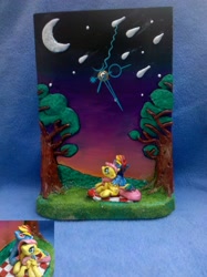 Size: 1936x2592 | Tagged: safe, artist:vulpinedesigns, fluttershy, rainbow dash, clock, craft, custom, female, flutterdash, irl, lesbian, meteor shower, photo, shipping, stargazing, toy, winghug