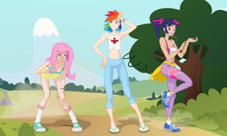 Size: 1600x960 | Tagged: safe, artist:bipole, fluttershy, rainbow dash, twilight sparkle, belly button, cleavage, clothes, converse, exercise, female, headband, humanized, midriff, panties, shoes, shorts, sneakers, socks, spandex, sports bra, underwear, vector, wristband