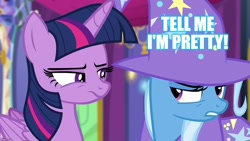 Size: 1280x720 | Tagged: safe, derpibooru import, edit, edited screencap, screencap, trixie, twilight sparkle, twilight sparkle (alicorn), alicorn, no second prances, caption, image macro, meme, text, the fairly odd parents, trixie tang, trixie yells at everything
