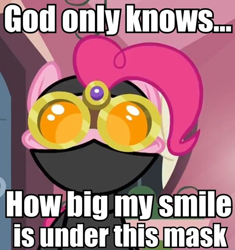 Size: 500x532 | Tagged: safe, edit, edited screencap, screencap, pinkie pie, earth pony, pony, the crystal empire, spoiler:s03, caption, cropped, image macro, night vision goggles, pinkie spy, reaction image, solo