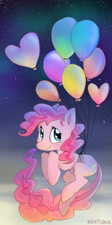 Size: 1100x2200 | Tagged: safe, artist:hektious, pinkie pie, pony, atmosphere, balloon, cute, diapinkes, flying, solo, stars, then watch her balloons lift her up to the sky