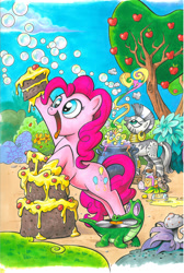 Size: 800x1191 | Tagged: safe, artist:andypriceart, idw, gummy, pinkie pie, zecora, earth pony, pony, zebra, bubble, cake, cauldron, cover, idw advertisement, official, official comic, record