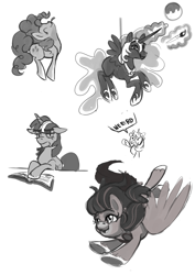 Size: 1024x1448 | Tagged: safe, artist:anightlypony, nightmare moon, pinkie pie, shining armor, twilight sparkle, oc, oc:snowlight, earth pony, pony, unicorn, book, floppy ears, grayscale, magic, monochrome, moon, paintbrush, sketch, sketch dump, telekinesis, tongue out, unamused