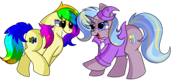 Size: 1280x609 | Tagged: safe, artist:rainbowtashie, derpibooru import, ms. harshwhinny, trixie, oc, oc:rainbow tashie, oc:strict talent, earth pony, pony, unicorn, clothes, commissioner:bigonionbean, cutie mark, fusion, fusion:strict talent, hat, nintendo 64, simple background, transparent background, writer:bigonionbean