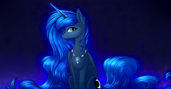 Size: 1600x831 | Tagged: safe, artist:alphaaquilae, princess luna, alicorn, pony, folded wings, jewelry, missing accessory, necklace, profile, sitting, smiling, solo