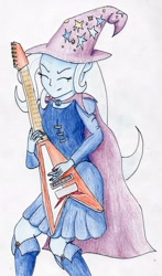 Size: 2025x3451 | Tagged: safe, artist:40kponyguy, derpibooru exclusive, derpibooru import, trixie, equestria girls, eyes closed, flying v, guitar, solo, traditional art