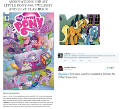 Size: 1188x1064 | Tagged: safe, derpibooru import, idw, sunflower spectacle, trixie, dragon, pony, unicorn, spoiler:comic, spoiler:comic40, female, filly, lauren faust, male, mare, ted anderson, tumblr, word of faust, younger