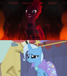 Size: 1280x1436 | Tagged: safe, derpibooru import, edit, screencap, tempest shadow, trixie, boast busters, my little pony: the movie, broken horn, female, forced meme, horn, lesbian, meme, shipping, shipping domino, tempestrix