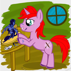 Size: 500x500 | Tagged: artist needed, safe, princess luna, oc, alicorn, pony, unicorn, brush, solo, statuette, table