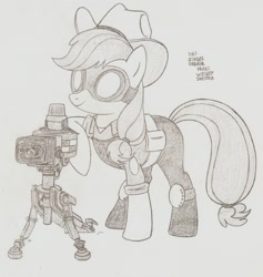 Size: 1115x1176 | Tagged: safe, artist:creamygravy, applejack, earth pony, pony, cosplay, crossover, engineer, monochrome, solo, team fortress 2, traditional art, turret