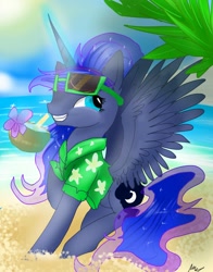 Size: 1188x1518 | Tagged: safe, artist:nuttypanutdy, princess luna, alicorn, pony, beach, solo, sunglasses