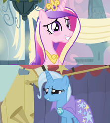 Size: 1280x1436 | Tagged: safe, derpibooru import, edit, edited screencap, screencap, princess cadance, trixie, alicorn, pony, a canterlot wedding, boast busters, female, forced meme, lesbian, meme, shipping, shipping domino, tridance