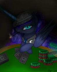 Size: 1188x1518 | Tagged: safe, artist:nuttypanutdy, nightmare moon, princess luna, alicorn, pony, casino, hat, playing card, poker chips, smoking, solo