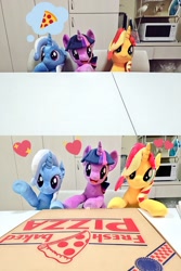 Size: 1024x1536 | Tagged: safe, artist:nekokevin, derpibooru import, sunset shimmer, trixie, twilight sparkle, unicorn twilight, pony, unicorn, female, food, heart, irl, magical trio, mare, meat, open mouth, peetzer, pepperoni, pepperoni pizza, photo, pizza, pizza box, plushie, raised hoof, sitting, smiling, thinking, thought bubble, trio, underhoof