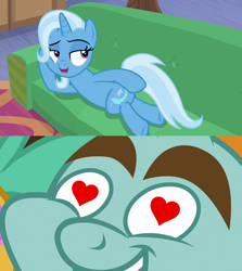 Size: 1280x1436 | Tagged: safe, derpibooru import, edit, edited screencap, screencap, snips, trixie, common ground, road to friendship, draw me like one of your french girls, female, heart eyes, male, shipping, shipping domino, straight, trips, wingding eyes