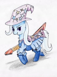 Size: 1751x2371 | Tagged: safe, artist:40kponyguy, derpibooru exclusive, derpibooru import, trixie, pony, unicorn, clothes, equestria girls outfit, female, flying v, guitar, looking at you, mare, solo, traditional art, trixie and the illusions