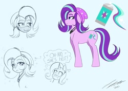 Size: 1280x908 | Tagged: safe, artist:jase1505, derpibooru import, starlight glimmer, trixie, earth pony, pony, unicorn, alternate hairstyle, beanie, blushing, bored, cutie mark, hat, heart, implied lesbian, implied shipping, implied startrix, ponified, spray can