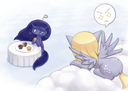 Size: 1407x1000 | Tagged: safe, artist:howxu, derpy hooves, princess luna, alicorn, pegasus, pony, :3, both cutie marks, cloud, female, food, mare, muffin, prone, that pony sure does love muffins