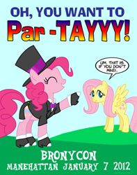 Size: 630x800 | Tagged: safe, artist:tim-kangaroo, fluttershy, pinkie pie, earth pony, pegasus, pony, bronycon, poster