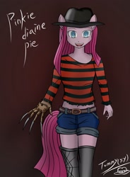 Size: 2260x3072 | Tagged: safe, artist:tommy yang, pinkie pie, anthro, belly button, claws, clothes, crossover, denim shorts, fedora, female, freddy krueger, hat, midriff, nightmare on elm street, open mouth, pinkamena diane pie, shirt, short shirt, shorts, slasher, socks, solo, sweater, tail, thigh highs, thighs