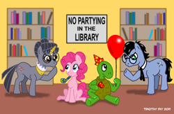 Size: 1024x666 | Tagged: safe, artist:tim-kangaroo, pinkie pie, oc, oc:tympany, earth pony, pony, balloon, kturtle, library