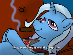 Size: 500x380 | Tagged: safe, artist:animanatole, derpibooru import, trixie, pony, unicorn, 4chan, alicorn amulet, cigar, crossover, female, lying down, mare, on back, smoking, sofa, solo, the simpsons