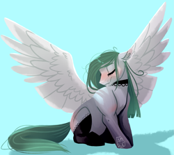 Size: 1805x1613 | Tagged: safe, artist:miatsukyyy, oc, oc only, pegasus, pony, art trade, choker, clothes, female, mare, simple background, solo, spread wings, stockings, thigh highs, wings