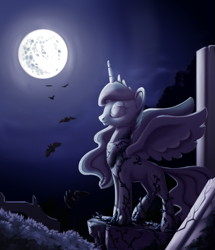 Size: 789x916 | Tagged: safe, artist:28gooddays, princess luna, alicorn, bat, pony, full moon, mare in the moon, moon, night, ruins, solo, statue