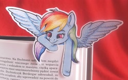 Size: 4625x2906 | Tagged: safe, artist:rysunkowasucharia, rainbow dash, pegasus, pony, book, bookmark, colored pencil drawing, cute, cutout, female, irl, mare, marker drawing, observation on the spot, photo, polish, ponies in real life, solo, text, traditional art