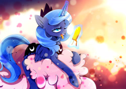 Size: 1920x1358 | Tagged: safe, artist:rariedash, princess luna, alicorn, pony, cloud, ear fluff, female, food, glowing horn, ice cream, magic, mare, prone, s1 luna, solo, sun glare, telekinesis, tongue out