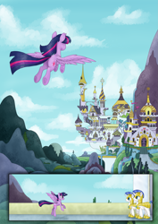 Size: 1489x2105 | Tagged: safe, artist:rysunkowasucharia, twilight sparkle, twilight sparkle (alicorn), alicorn, comic:curse and madness, armor, balcony, canterlot, canterlot castle, cloud, comic, flying, helmet, mlpcam, mountain, mountain range, royal guard, scenery, sky