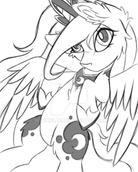 Size: 600x750 | Tagged: safe, artist:mychelle, princess luna, alicorn, pony, chest fluff, ear fluff, monochrome, solo, spread wings, watermark