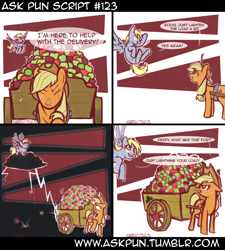 Size: 1008x1119 | Tagged: safe, artist:clorin spats, applejack, derpy hooves, earth pony, pegasus, pony, apple, ask, ask pun, cart, comic, female, food, fruit, joke, lightning, mare, pun, tumblr