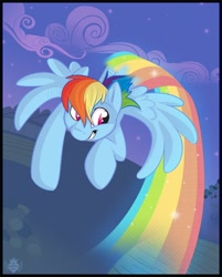 Size: 739x920 | Tagged: safe, artist:anuvia, rainbow dash, pegasus, pony, cloud, female, flying, mare, night, rainbow trail, sky, solo, stars