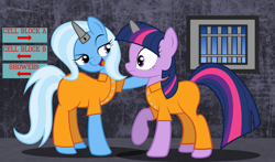 Size: 3355x1967 | Tagged: safe, artist:spellboundcanvas, derpibooru import, trixie, twilight sparkle, pony, unicorn, bend over, clothes, counterparts, female, horn cap, lesbian, magic suppression, mare, prison, prison outfit, prisoner, prisoner ts, shipping, twilight's counterparts, twixie