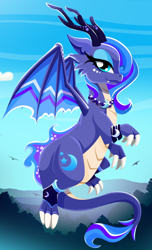 Size: 1056x1732 | Tagged: safe, artist:unicornsmile, princess luna, dragon, dragoness, dragonified, fangs, female, looking at you, lunadragon, solo, species swap