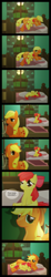 Size: 915x4997 | Tagged: safe, artist:mayuen, apple bloom, applejack, earth pony, pony, bed, comic, morning