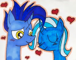 Size: 2220x1755 | Tagged: safe, artist:melisareb, derpibooru import, hoo'far, trixie, pony, unicorn, blushing, bust, duo, eyes closed, female, heart, i can't believe it's not 徐詩珮, lidded eyes, male, mare, shipping, stallion, straight, traditional art, trixfar