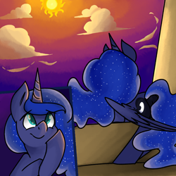 Size: 2500x2500 | Tagged: safe, artist:themodpony, princess luna, alicorn, pony, cloud, hoof on cheek, solo, sun, sunrise