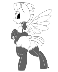 Size: 7364x9193 | Tagged: safe, artist:pabbley, thunderlane, pegasus, pony, absurd resolution, bipedal, clothes, dock, featureless crotch, looking back, male, monochrome, simple background, socks, solo, spread wings, stallion, thigh highs, uniform, white background, wings, wonderbolt trainee uniform