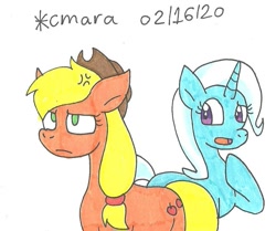 Size: 882x739 | Tagged: safe, artist:cmara, derpibooru import, applejack, trixie, earth pony, pony, unicorn, cross-popping veins, duo, duo female, female, mare, traditional art