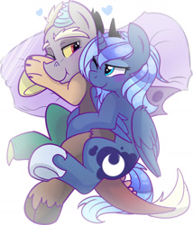 Size: 1700x1987 | Tagged: safe, artist:elementalokami, artist:iroxykun, discord, princess luna, alicorn, pony, base used, blushing, cuddling, female, lunacord, male, s1 luna, shipping, spooning, straight