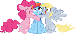 Size: 1781x821 | Tagged: safe, artist:serenamidori, derpy hooves, pinkie pie, rainbow dash, pegasus, pony, commission, female, hug, hug sandwich, mare